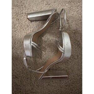 Express Silver PU Strappy Block Heels Ankle Strap Buckle Open Toe Women 7